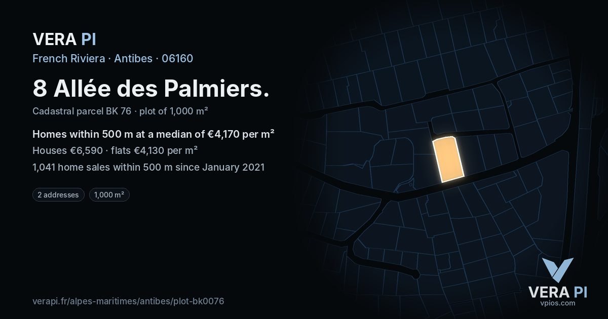 8 Allée des Palmiers, Antibes at night – the plot lit, the parcels around coloured by the prices near them