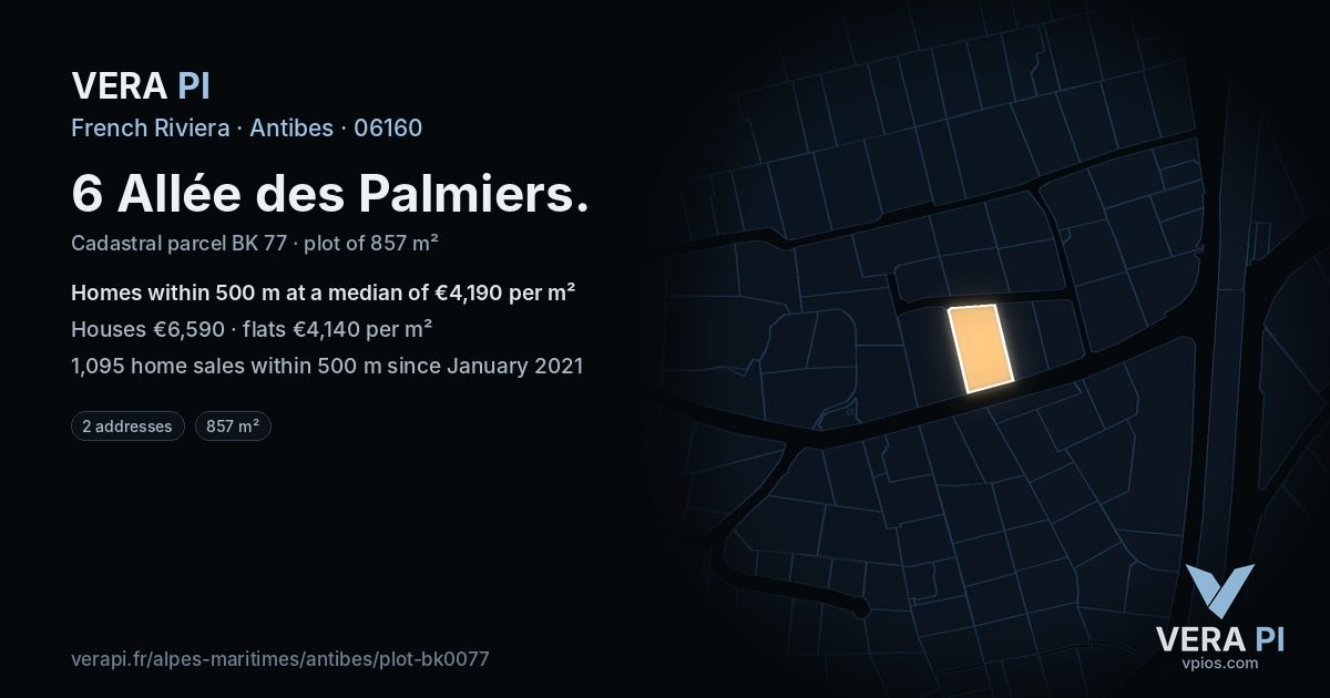 6 Allée des Palmiers, Antibes at night – the plot lit, the parcels around coloured by the prices near them