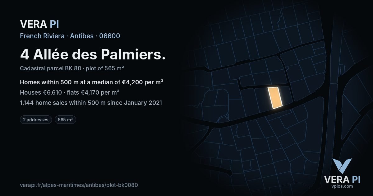 4 Allée des Palmiers, Antibes at night – the plot lit, the parcels around coloured by the prices near them