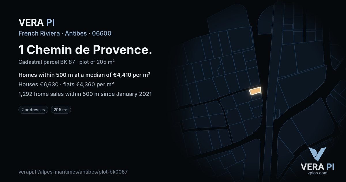 1 Chemin de Provence, Antibes at night – the plot lit, the parcels around coloured by the prices near them