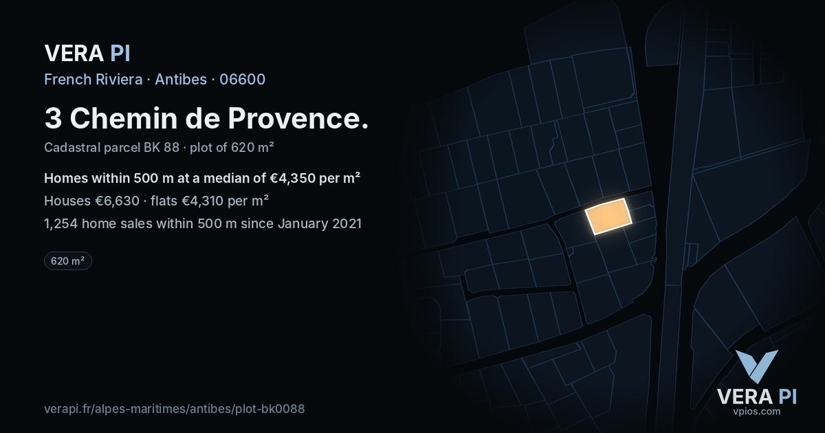 3 Chemin de Provence, Antibes at night – the plot lit, the parcels around coloured by the prices near them
