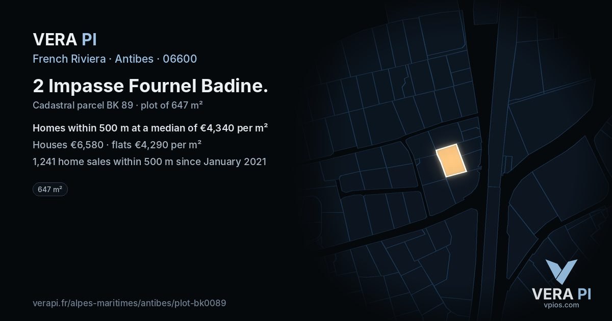 2 Impasse Fournel Badine, Antibes at night – the plot lit, the parcels around coloured by the prices near them