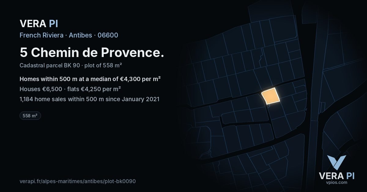 5 Chemin de Provence, Antibes at night – the plot lit, the parcels around coloured by the prices near them