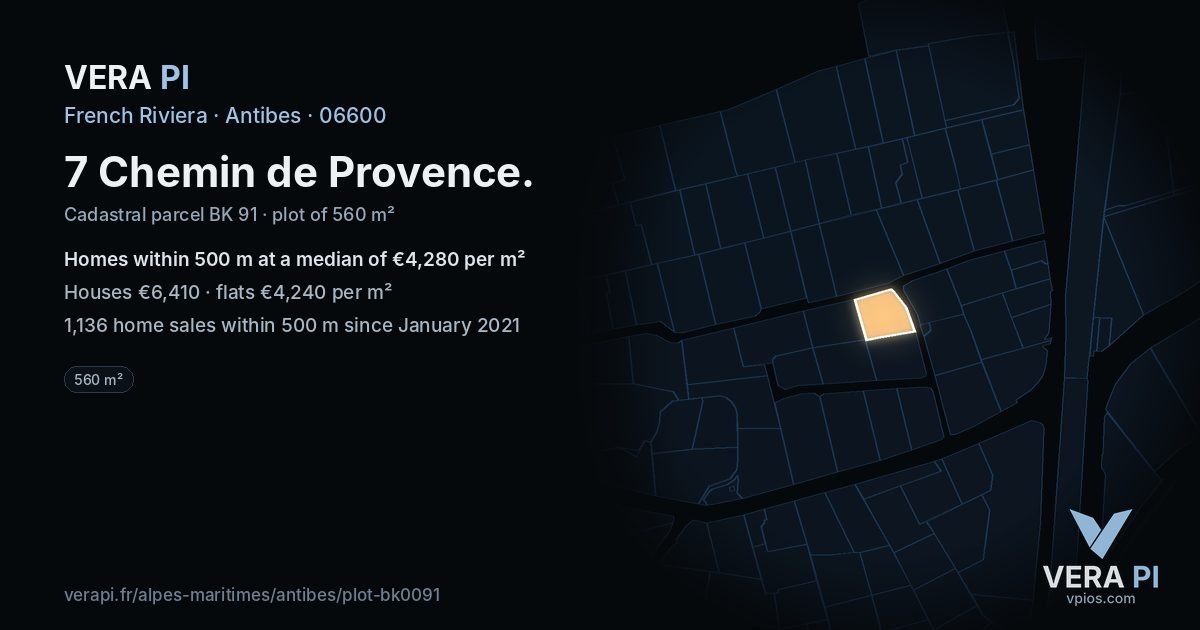 7 Chemin de Provence, Antibes at night – the plot lit, the parcels around coloured by the prices near them