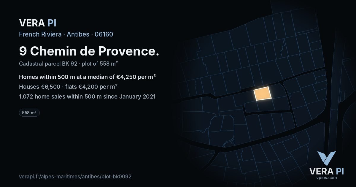 9 Chemin de Provence, Antibes at night – the plot lit, the parcels around coloured by the prices near them