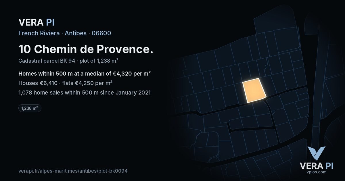 10 Chemin de Provence, Antibes at night – the plot lit, the parcels around coloured by the prices near them