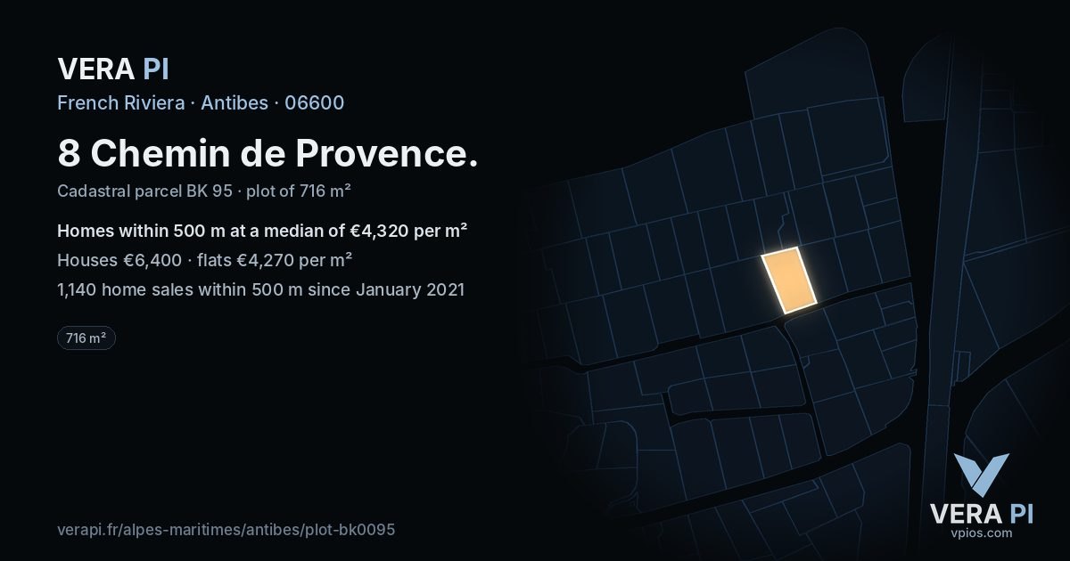 8 Chemin de Provence, Antibes at night – the plot lit, the parcels around coloured by the prices near them