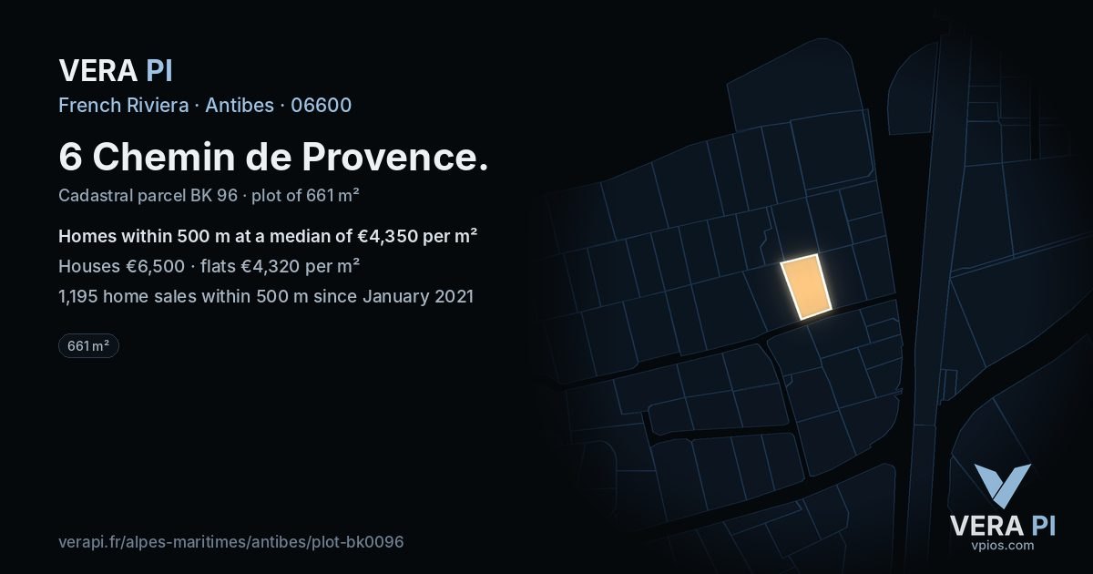 6 Chemin de Provence, Antibes at night – the plot lit, the parcels around coloured by the prices near them