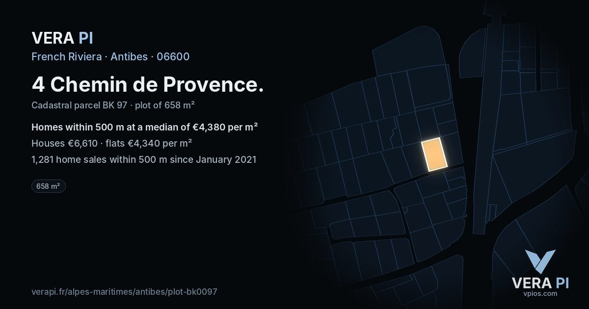 4 Chemin de Provence, Antibes at night – the plot lit, the parcels around coloured by the prices near them