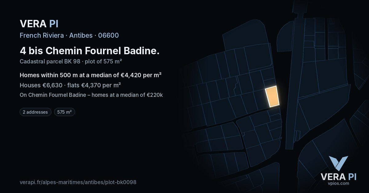 4 bis Chemin Fournel Badine, Antibes at night – the plot lit, the parcels around coloured by the prices near them
