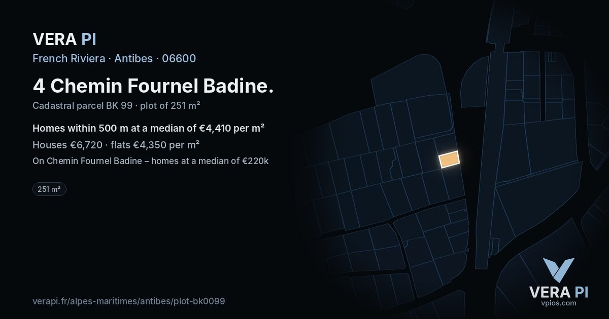 4 Chemin Fournel Badine, Antibes at night – the plot lit, the parcels around coloured by the prices near them