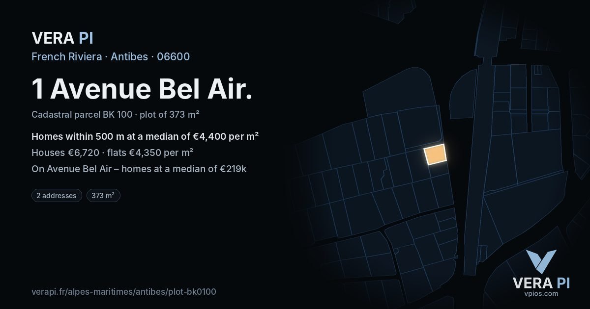 1 Avenue Bel Air, Antibes at night – the plot lit, the parcels around coloured by the prices near them