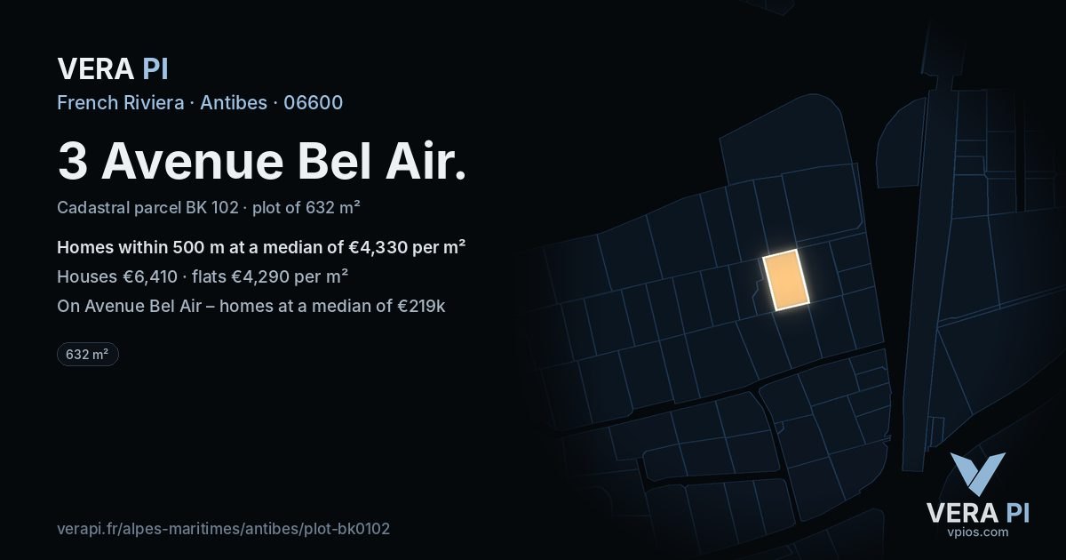 3 Avenue Bel Air, Antibes at night – the plot lit, the parcels around coloured by the prices near them