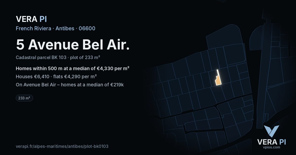 5 Avenue Bel Air, Antibes at night – the plot lit, the parcels around coloured by the prices near them