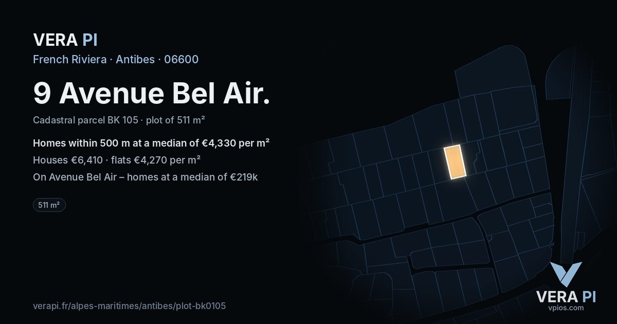 9 Avenue Bel Air, Antibes at night – the plot lit, the parcels around coloured by the prices near them