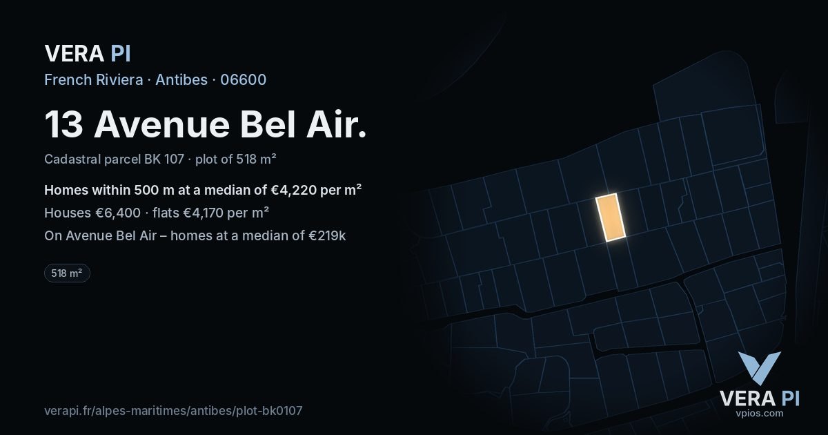 13 Avenue Bel Air, Antibes at night – the plot lit, the parcels around coloured by the prices near them
