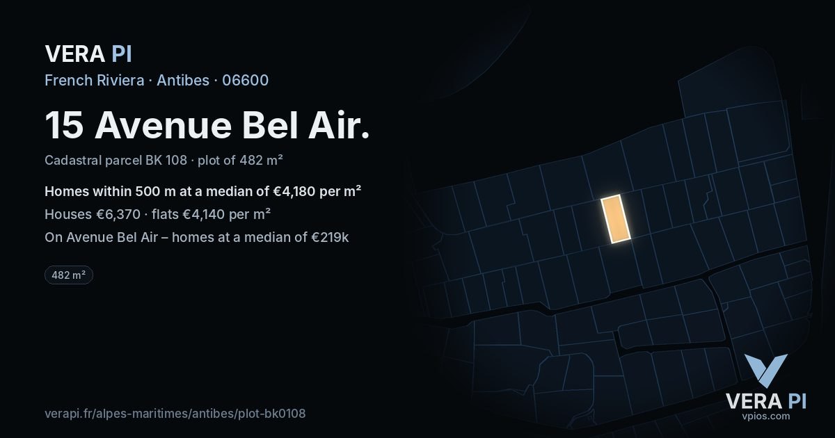 15 Avenue Bel Air, Antibes at night – the plot lit, the parcels around coloured by the prices near them