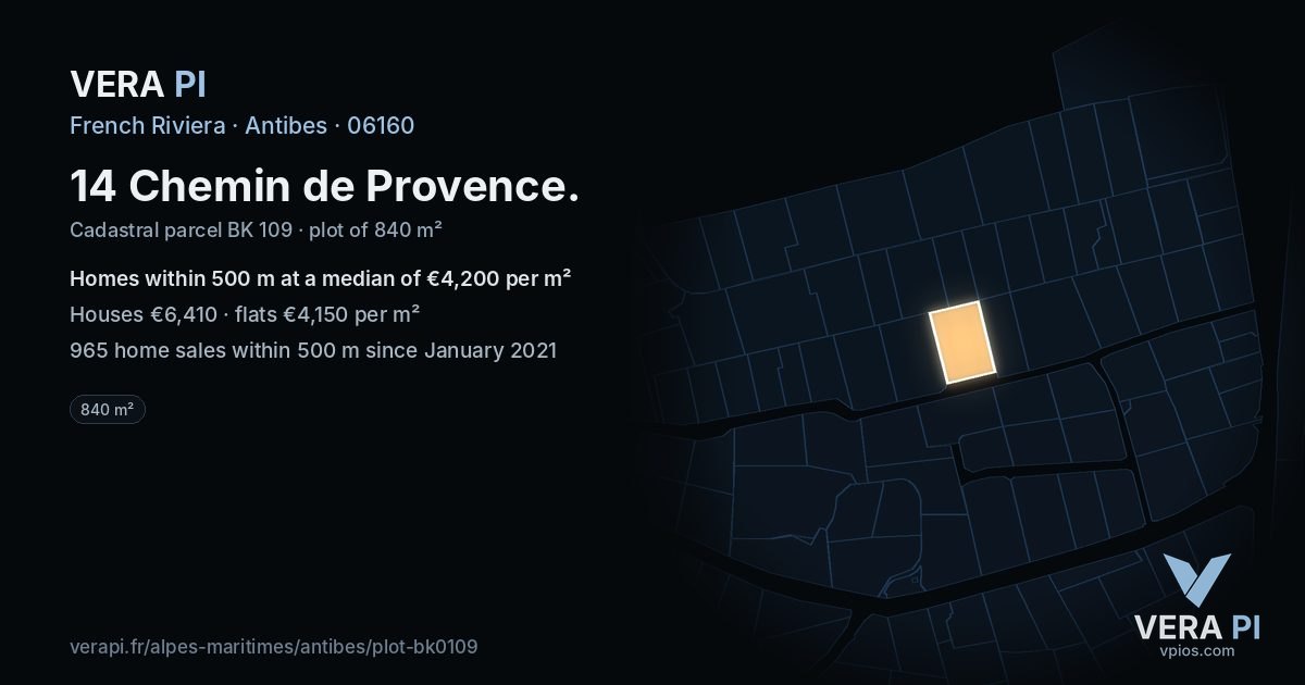 14 Chemin de Provence, Antibes at night – the plot lit, the parcels around coloured by the prices near them