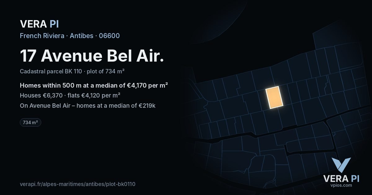 17 Avenue Bel Air, Antibes at night – the plot lit, the parcels around coloured by the prices near them