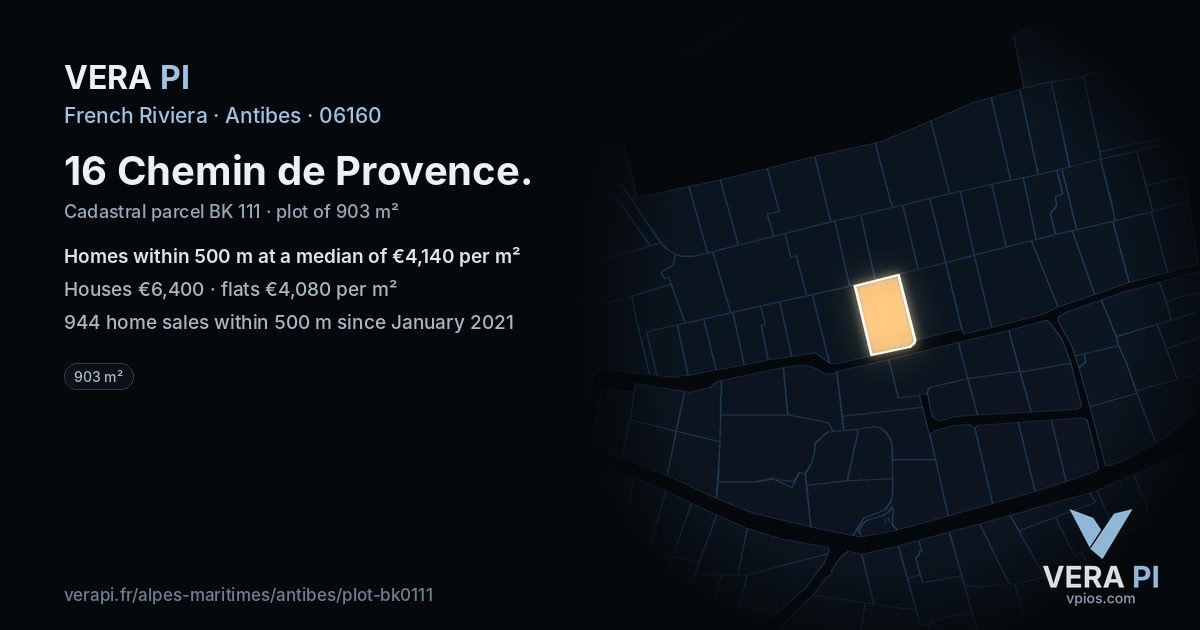 16 Chemin de Provence, Antibes at night – the plot lit, the parcels around coloured by the prices near them