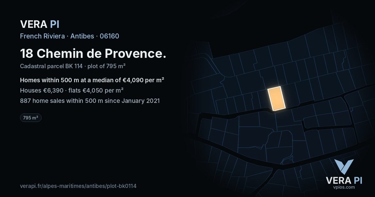 18 Chemin de Provence, Antibes at night – the plot lit, the parcels around coloured by the prices near them