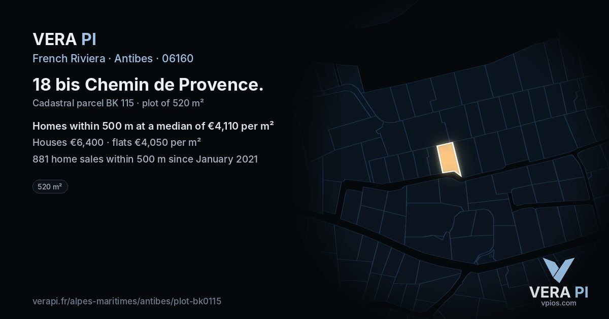 18 bis Chemin de Provence, Antibes at night – the plot lit, the parcels around coloured by the prices near them