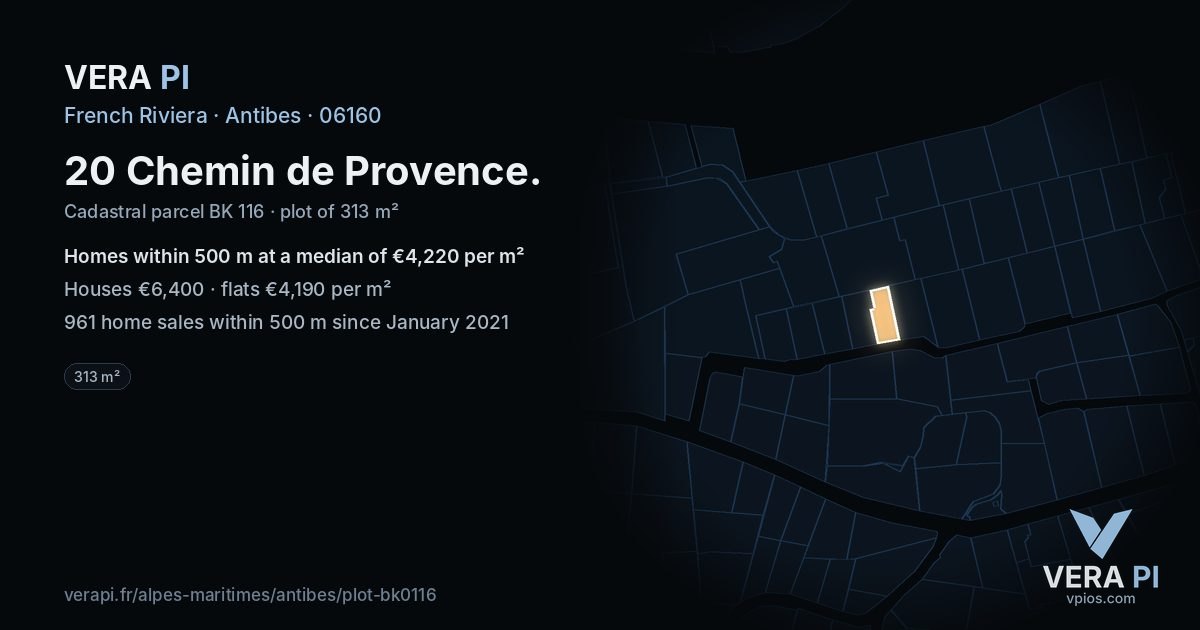20 Chemin de Provence, Antibes at night – the plot lit, the parcels around coloured by the prices near them