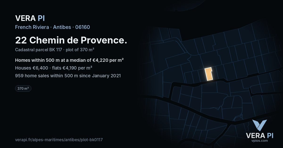 22 Chemin de Provence, Antibes at night – the plot lit, the parcels around coloured by the prices near them