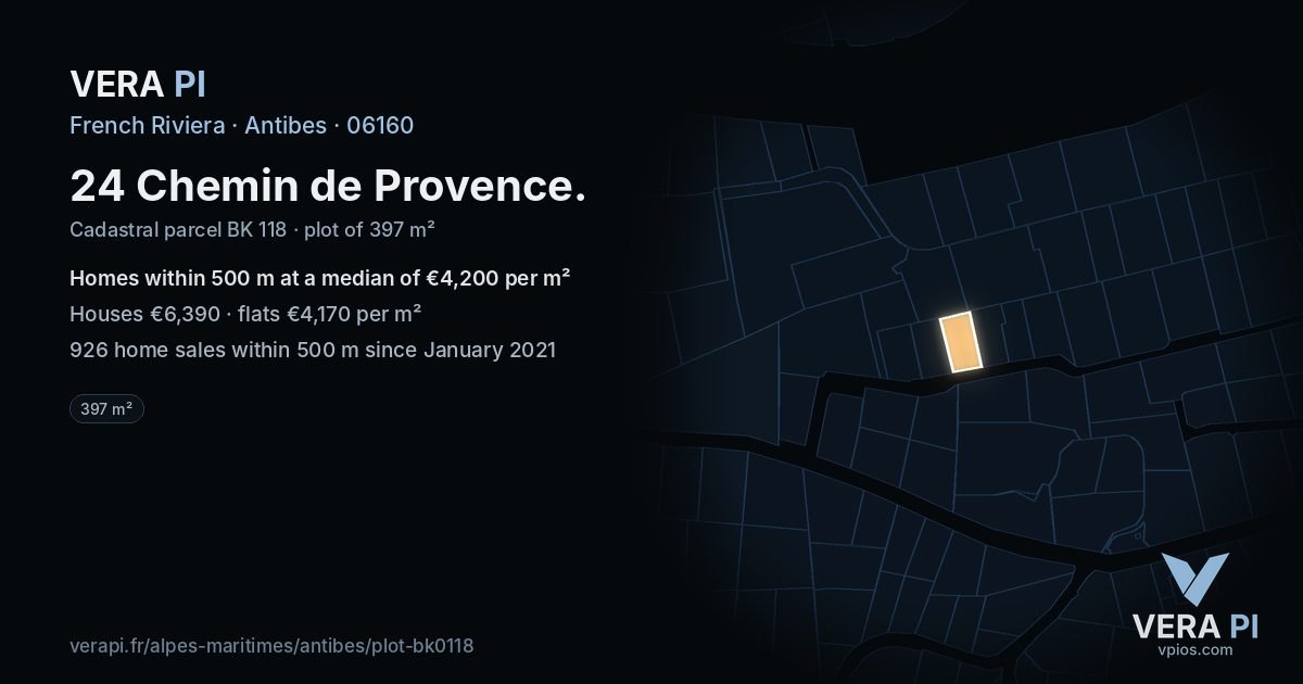 24 Chemin de Provence, Antibes at night – the plot lit, the parcels around coloured by the prices near them