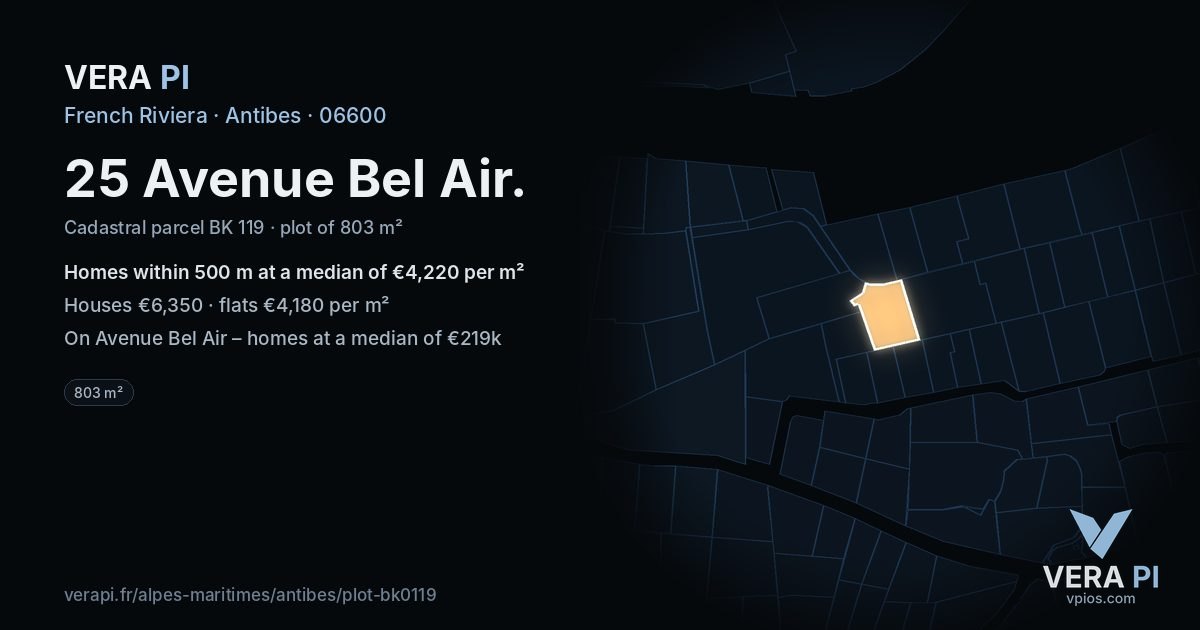 25 Avenue Bel Air, Antibes at night – the plot lit, the parcels around coloured by the prices near them