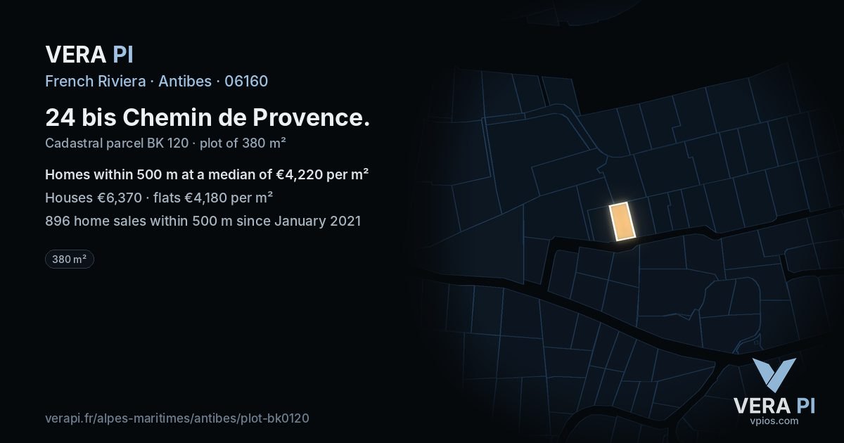 24 bis Chemin de Provence, Antibes at night – the plot lit, the parcels around coloured by the prices near them