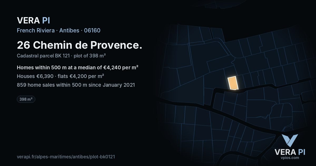 26 Chemin de Provence, Antibes at night – the plot lit, the parcels around coloured by the prices near them