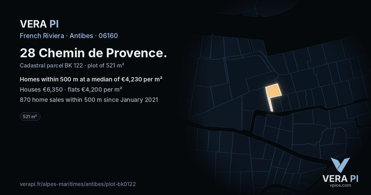 28 Chemin de Provence, Antibes at night – the plot lit, the parcels around coloured by the prices near them