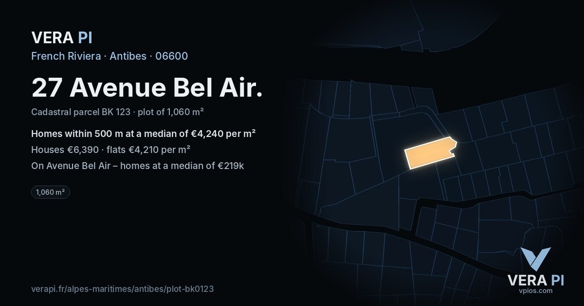 27 Avenue Bel Air, Antibes at night – the plot lit, the parcels around coloured by the prices near them