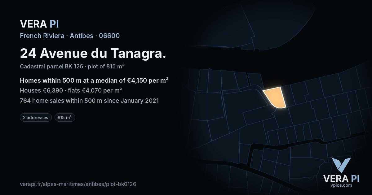 24 Avenue du Tanagra, Antibes at night – the plot lit, the parcels around coloured by the prices near them