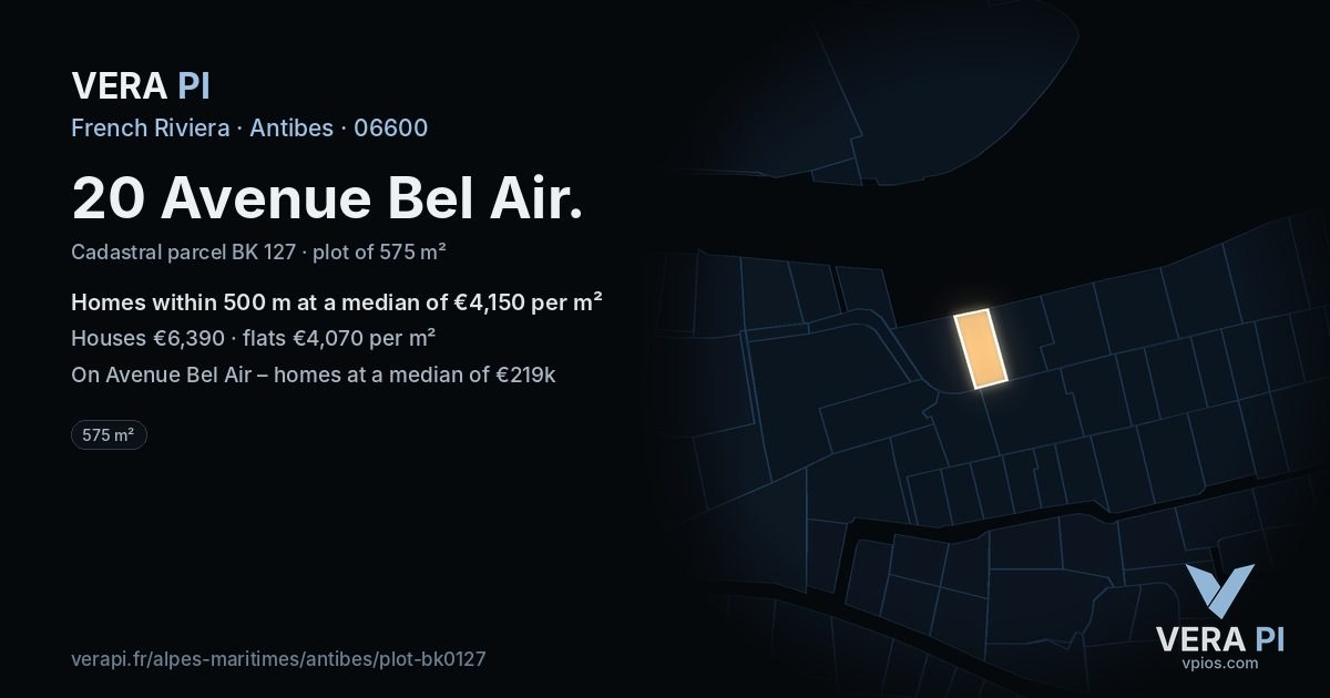 20 Avenue Bel Air, Antibes at night – the plot lit, the parcels around coloured by the prices near them