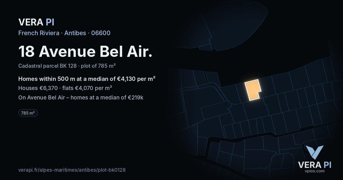 18 Avenue Bel Air, Antibes at night – the plot lit, the parcels around coloured by the prices near them