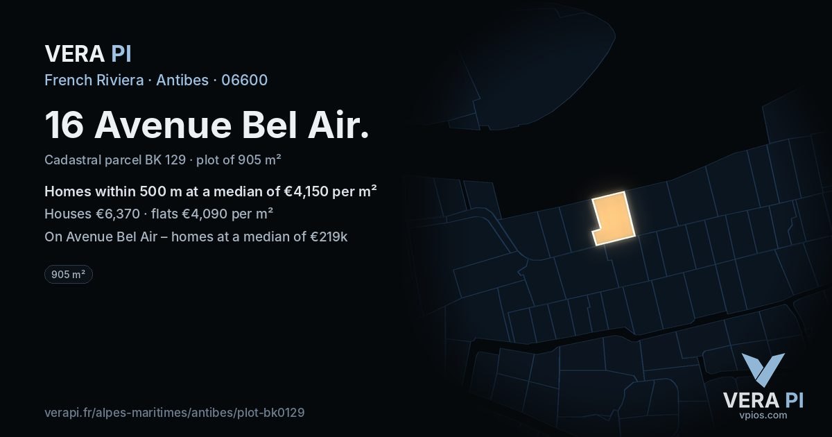 16 Avenue Bel Air, Antibes at night – the plot lit, the parcels around coloured by the prices near them
