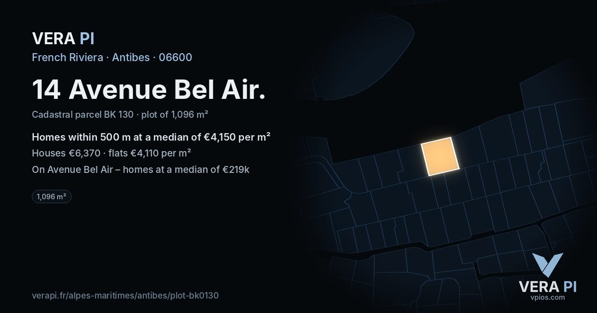 14 Avenue Bel Air, Antibes at night – the plot lit, the parcels around coloured by the prices near them