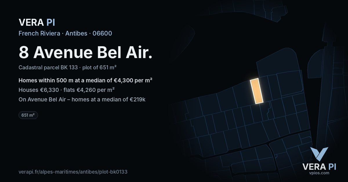 8 Avenue Bel Air, Antibes at night – the plot lit, the parcels around coloured by the prices near them