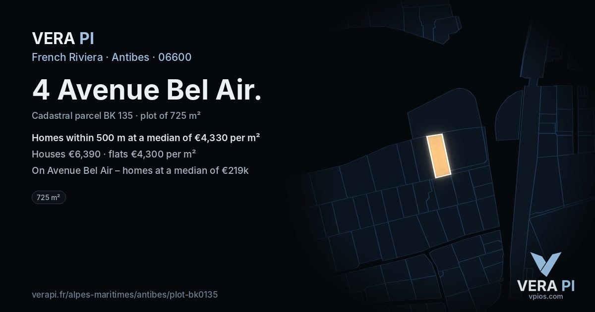 4 Avenue Bel Air, Antibes at night – the plot lit, the parcels around coloured by the prices near them
