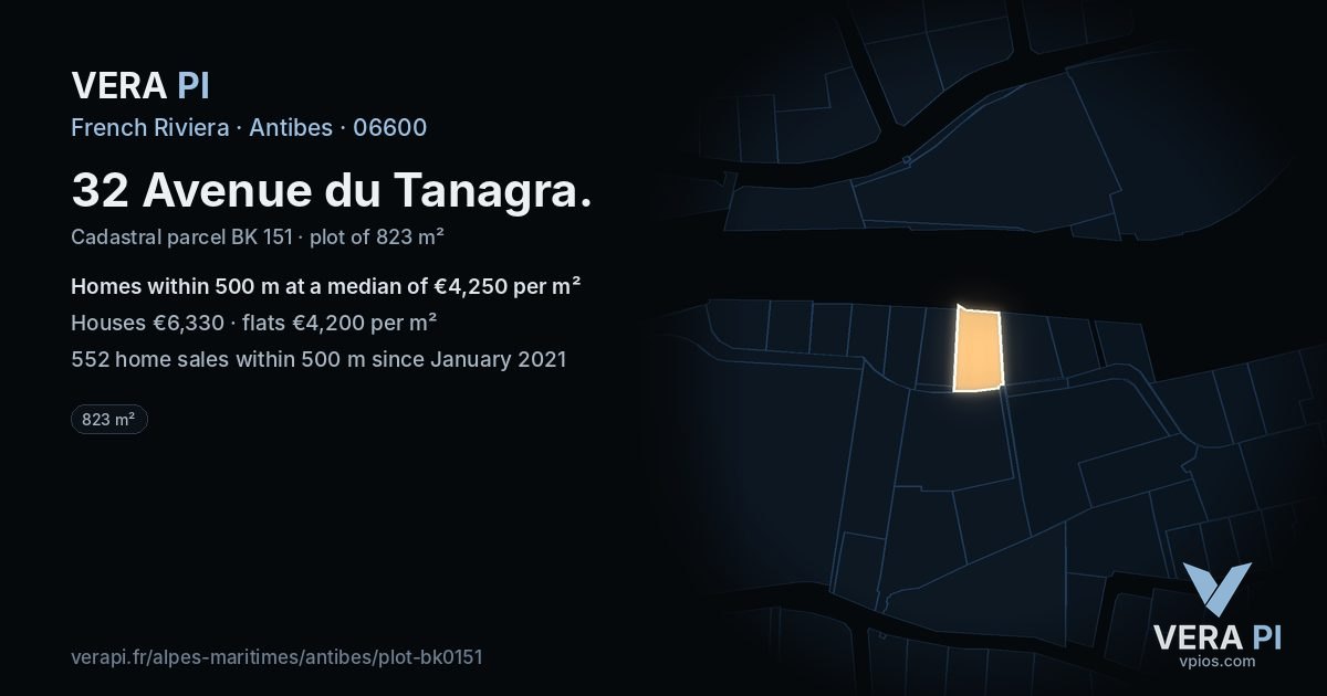 32 Avenue du Tanagra, Antibes at night – the plot lit, the parcels around coloured by the prices near them