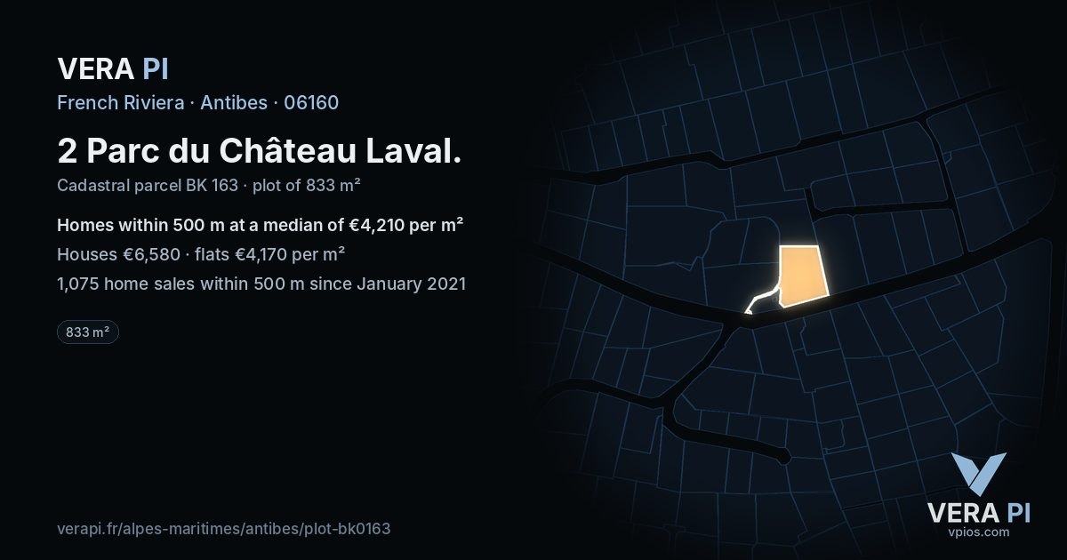 2 Parc du Château Laval, Antibes at night – the plot lit, the parcels around coloured by the prices near them