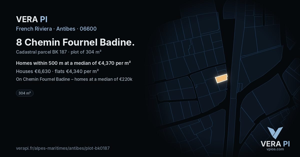 8 Chemin Fournel Badine, Antibes at night – the plot lit, the parcels around coloured by the prices near them