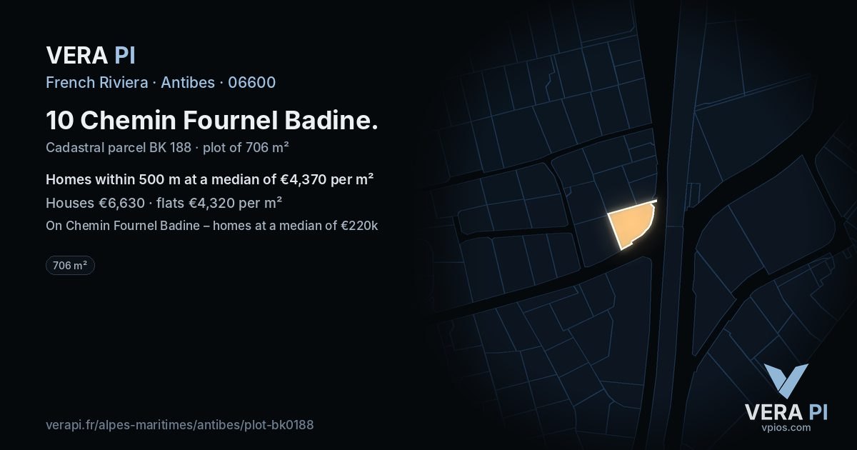 10 Chemin Fournel Badine, Antibes at night – the plot lit, the parcels around coloured by the prices near them