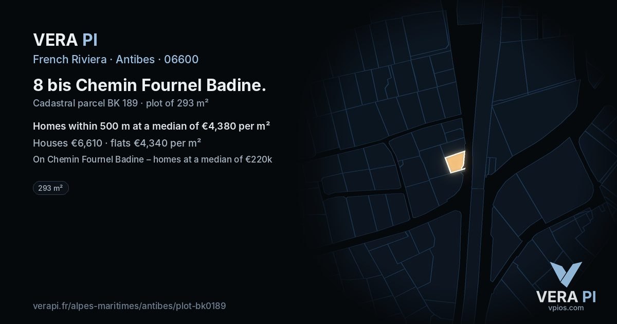 8 bis Chemin Fournel Badine, Antibes at night – the plot lit, the parcels around coloured by the prices near them