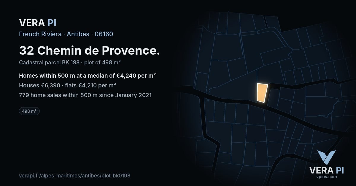 32 Chemin de Provence, Antibes at night – the plot lit, the parcels around coloured by the prices near them