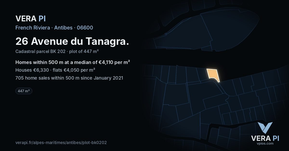 26 Avenue du Tanagra, Antibes at night – the plot lit, the parcels around coloured by the prices near them
