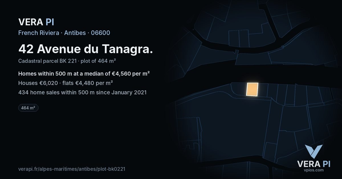 42 Avenue du Tanagra, Antibes at night – the plot lit, the parcels around coloured by the prices near them