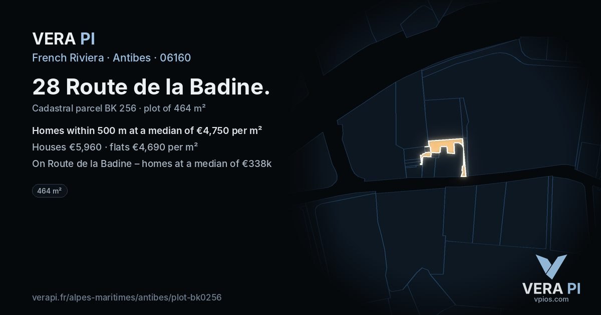 28 Route de la Badine, Antibes at night – the plot lit, the parcels around coloured by the prices near them